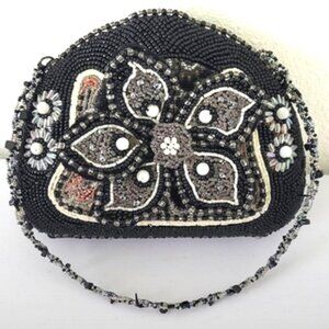 Beaded & Paisley Brocade Handbag Black & Copper Beaded Flower Front & Strap